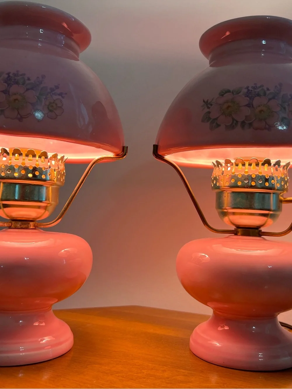 Vintage Pink Ceramic GWTW type 3-way Lamp with Floral Details-Electric-Pair